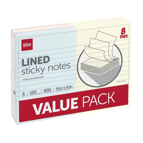 slide 1 of 2, Office Depot Brand Lined Sticky Notes, 4'' X 6'', Assorted Pastel Colors, 100 Sheets Per Pad, Pack Of 8, 8 ct