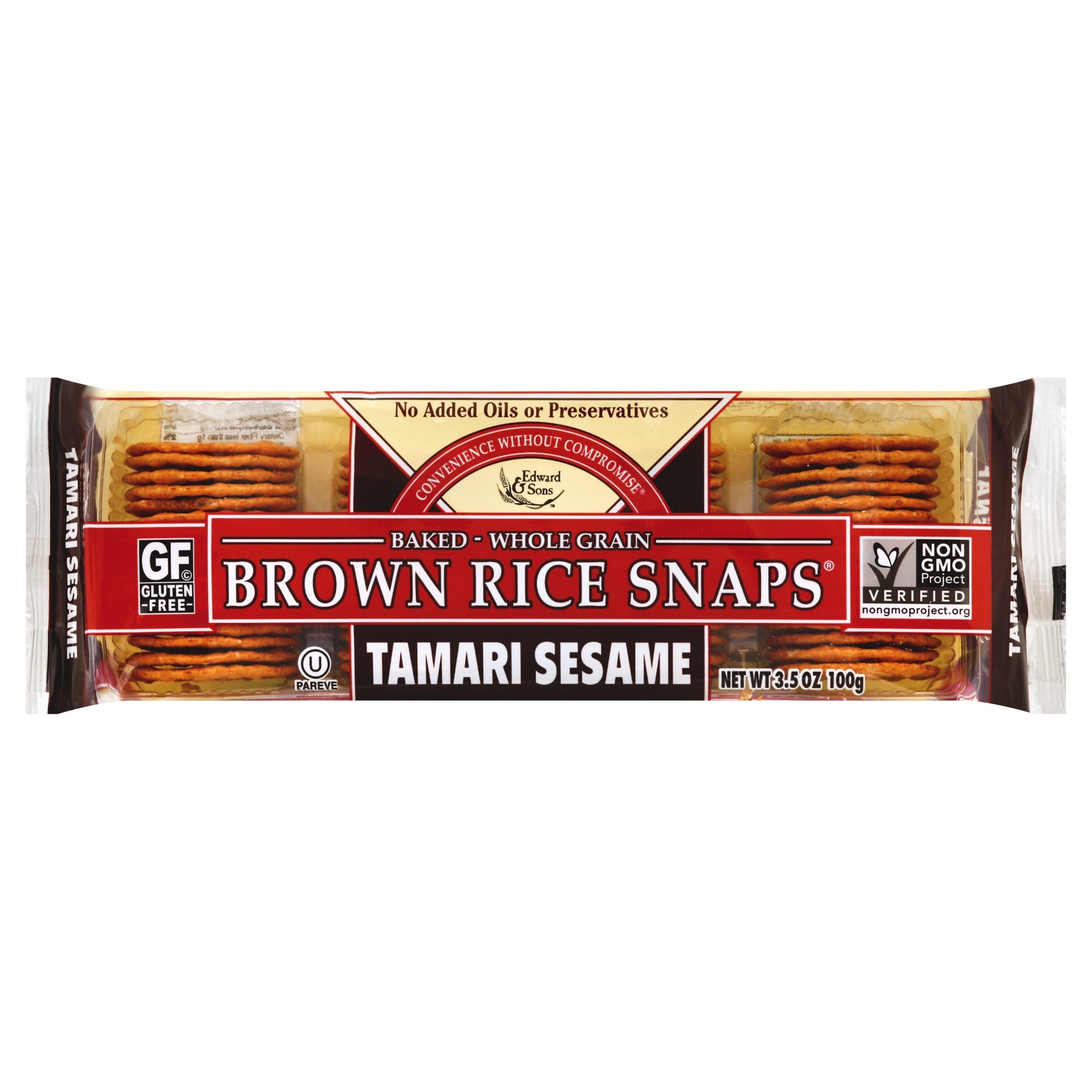 slide 1 of 1, Edward & Sons Baked-Whole Grain Brown Rice Snaps Tamari Sesame, 3 oz