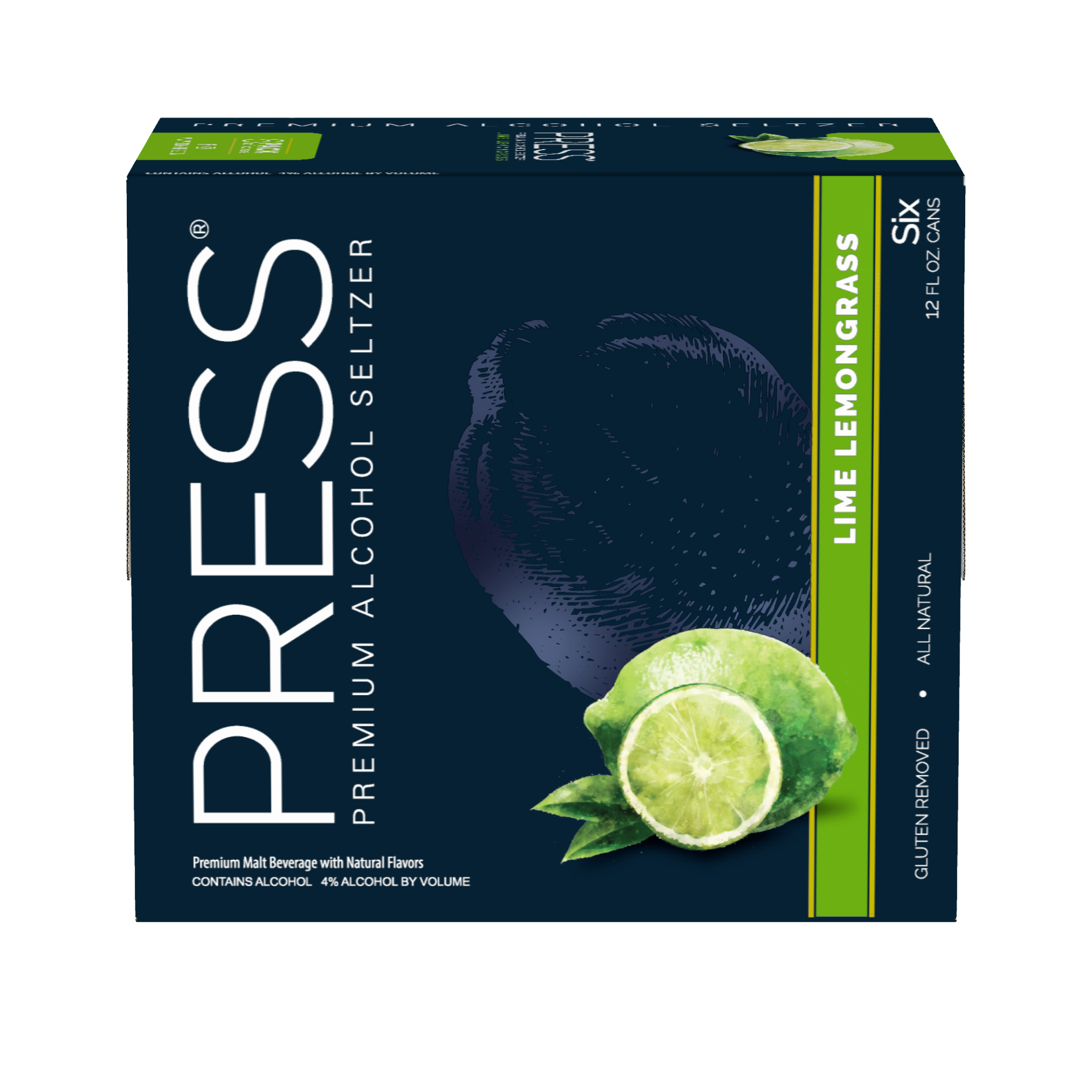 slide 1 of 1, PRESS Premium Hard Seltzer Lime Lemongrass Malt Beverage, 6 pk 12 fl oz Cans, 4.0% ABV, 12 oz