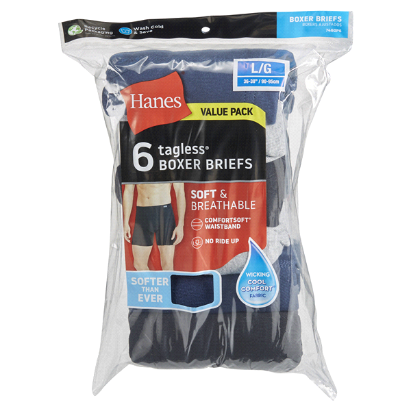 slide 1 of 1, Hanes Men's Tagless ComfortSoft Waistband Boxer Briefs, Assorted, Large, 6 ct