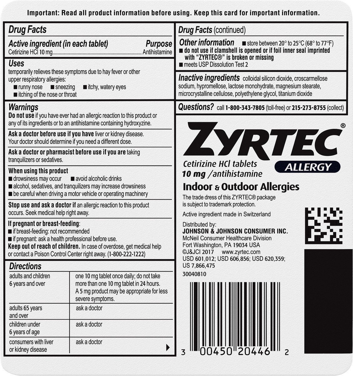 slide 4 of 4, Zyrtec Allergy Tablets, 10 mg, 40 Count, 40 ct