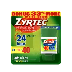 Zyrtec 24 Hour Allergy Relief Tablets, Antihistamine Indoor & Outdoor Allergy Medicine with Cetirizine HCl, Relief from Runny Nose, Sneezing, Itchy Eyes & More, 40 Count Bonus Pack
