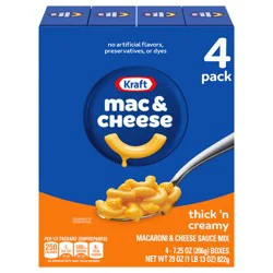 Kraft Mac and Cheese, 4 Boxes, for Easy Dinner or Dinner Sides, Thick 'n Creamy, No Artificial Flavors, Preservatives or Dyes, 7.25 oz