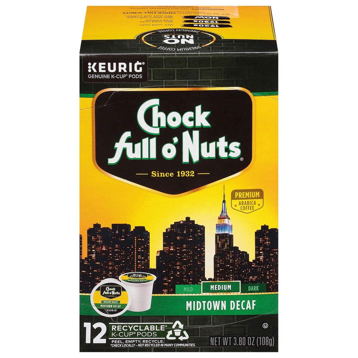 slide 9 of 16, Chock Full O'Nuts Midtown Decaf Single Serve 12 Count, 12 ct