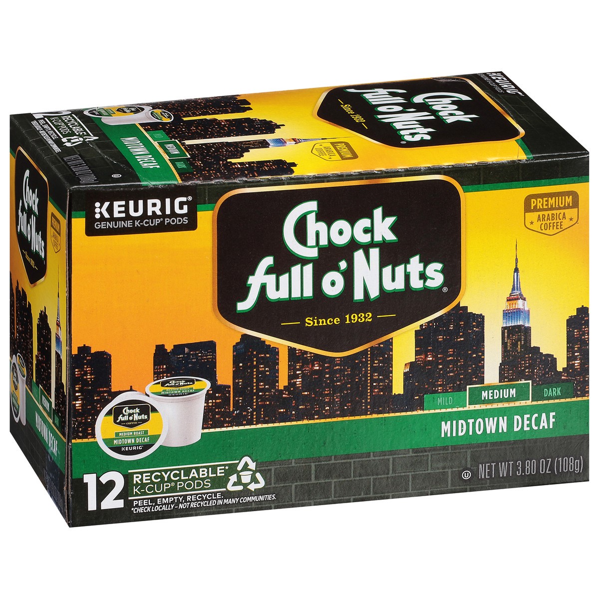 slide 11 of 16, Chock Full O'Nuts Midtown Decaf Single Serve 12 Count, 12 ct