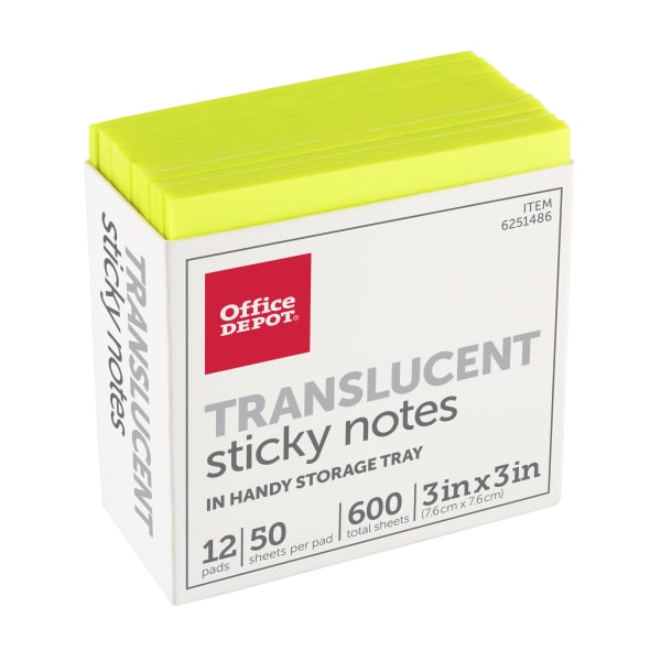 slide 1 of 3, Office Depot Brand Translucent Sticky Notes, With Storage Tray, 3" X 3", Yellow, 50 Notes Per Pad, Pack Of 12 Pads, 12 ct