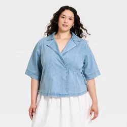 Women's Short Sleeve Denim V-Neck Wrap Top - Ava & Viv™ Light Wash 2X