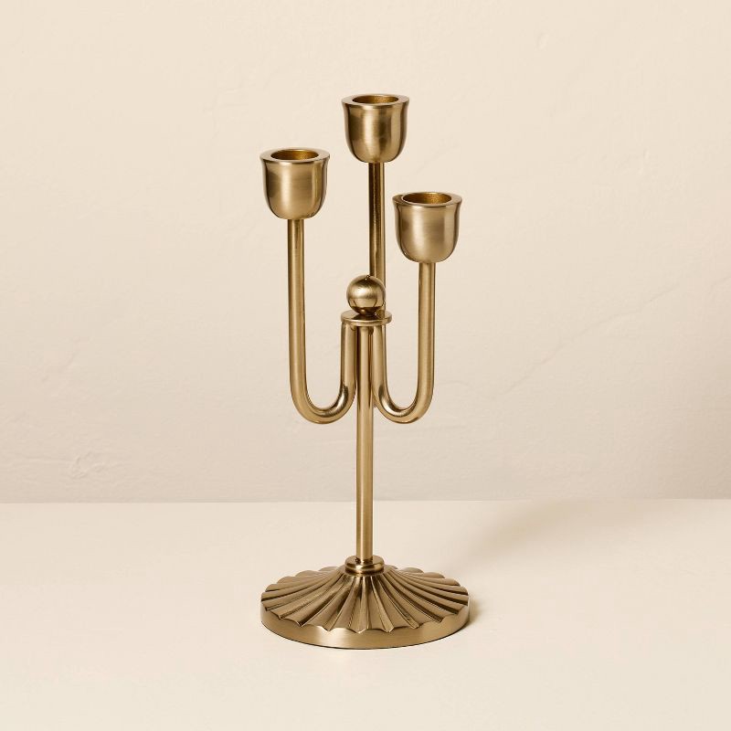 slide 1 of 3, Hearth & Hand with Magnolia 3ct 9.5"x4" Brass Taper Candelabra - Hearth & Hand™ with Magnolia, 3 ct