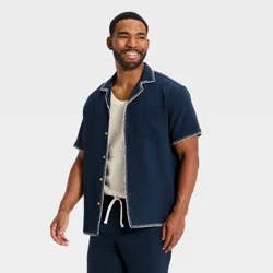 Men's Short Sleeve Blanket Stitch Button-Down Shirt - Goodfellow & Co™ Navy Blue L