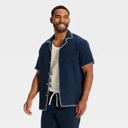 Men's Short Sleeve Blanket Stitch Button-Down Shirt - Goodfellow & Co™ Navy Blue XL