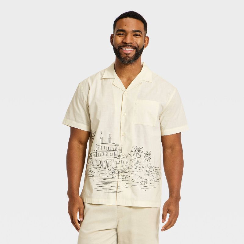 slide 1 of 3, Men's Short Sleeve Vacay Embroidered Button-Down Shirt - Goodfellow & Co™ White M, 1 ct