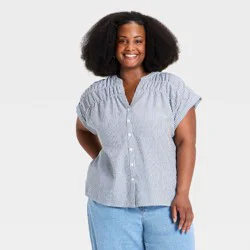 Women's Dolman Short Sleeve Smocked V-Neck Button-Front Top - Ava & Viv™ Navy Blue Striped XXL