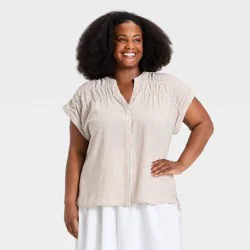 Women's Dolman Short Sleeve Smocked V-Neck Button-Front Top - Ava & Viv™ Tan Striped 2X