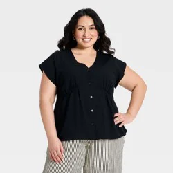 Women's Plus Dolman Short Sleeve Button-Front Seamed Top - Ava & Viv™ Black XXL