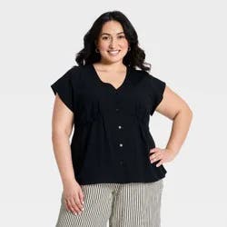Women's Plus Dolman Short Sleeve Button-Front Seamed Top - Ava & Viv™ Black XXL