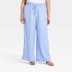 Women's Wide Leg Linen Pull-On Pants - Ava & Viv™ Blue Striped XXL
