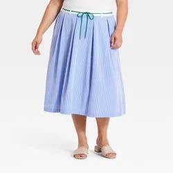 Women's Midi A-Line Skirt - Ava & Viv™ Blue Striped 2X