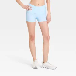 Women's Foldover Waistband Bike Shorts 3" - JoyLab™ Light Blue Polka Dot XS