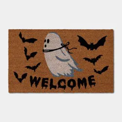 18"x30" Ghost 'Welcome' Bats Bone Parlour Halloween Coir Doormat White/Black - Hyde and EEK! Boutique™