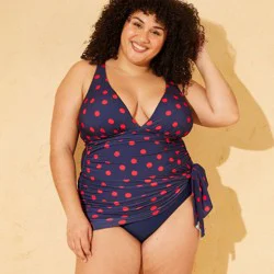 Women's Polka Dots Tummy Control Full Coverage Sarong Swim Dress - Shade & Shore™ Navy Blue 18