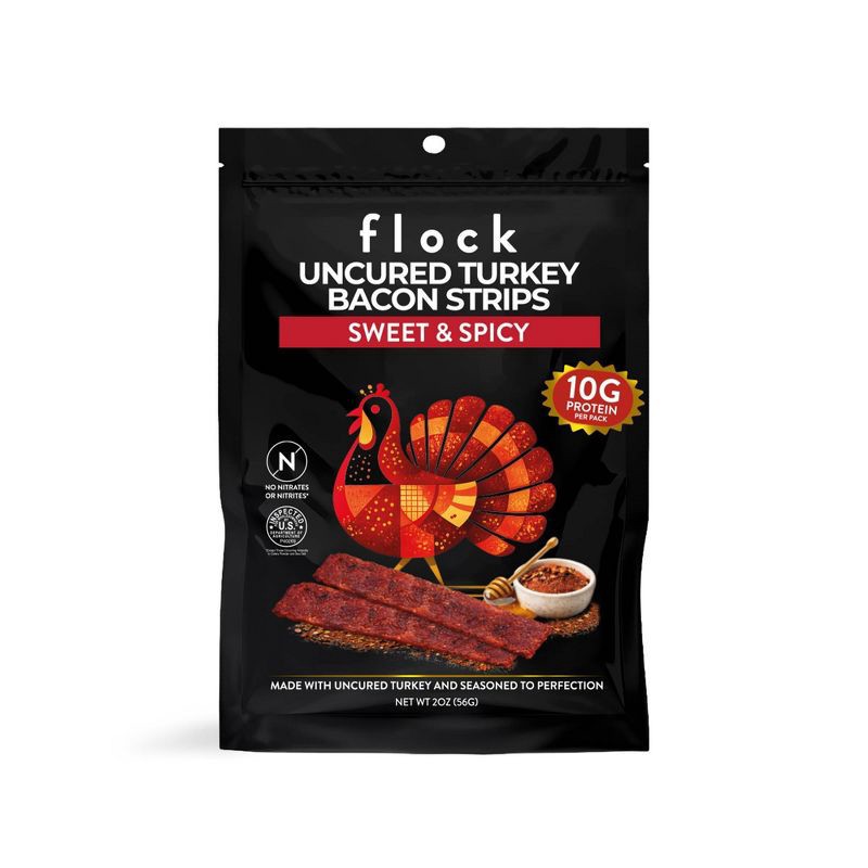 slide 1 of 5, Flock Foods Uncured Turkey Bacon Spicy Sriracha Jerky - 5g Protein - 2oz, 5 gram, 2 oz
