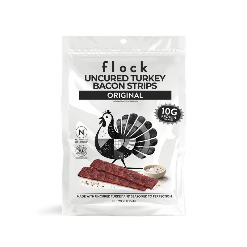 slide 1 of 5, Flock Foods Uncured Original Turkey Bacon Strips - 10g Protein - 2oz, 10 gram, 2 oz