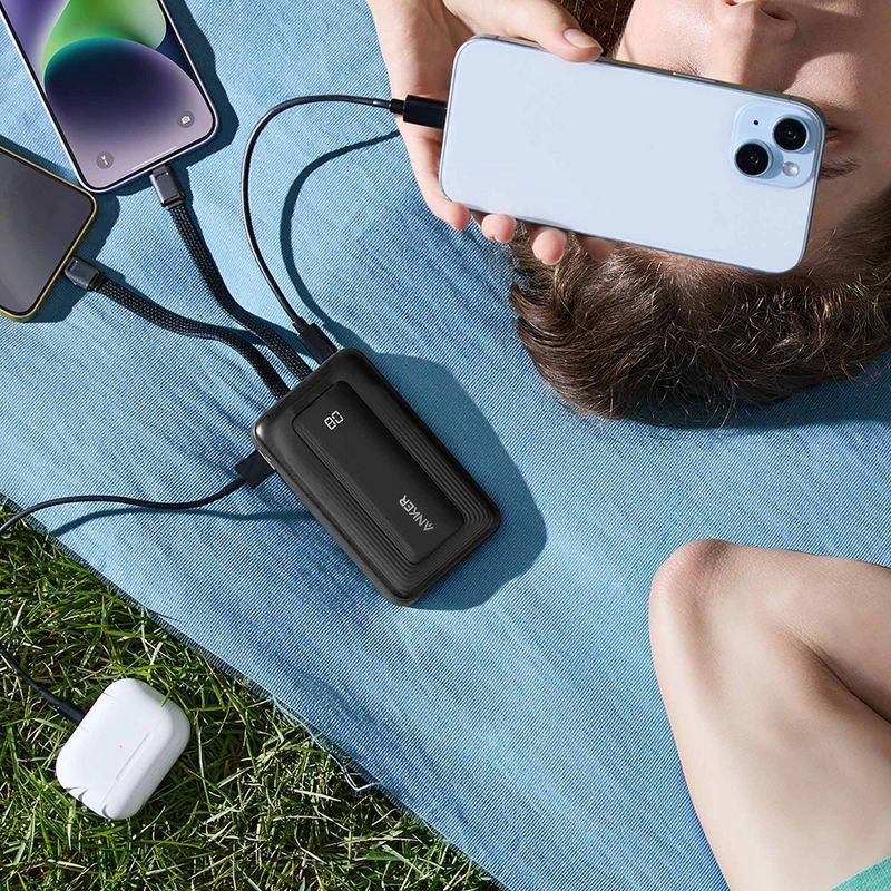 slide 5 of 6, Anker 30W 10000mAh Power Bank with 2 Built-in USB-C Cable, 1 ct