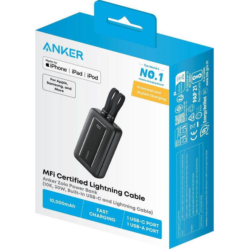 slide 6 of 6, Anker 30W 10000mAh Power Bank with 2 Built-in USB-C Cable, 1 ct