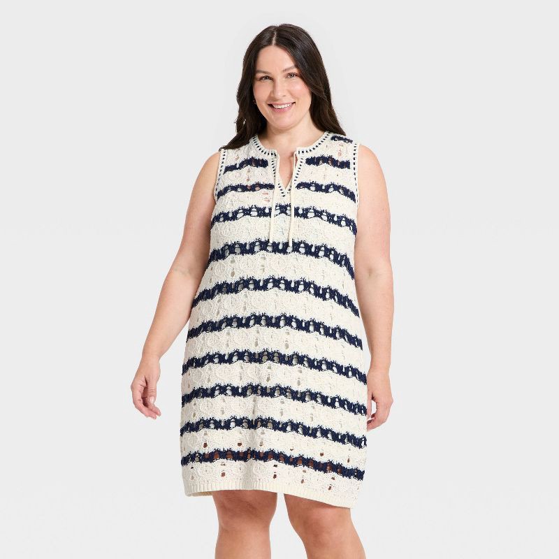 universal thread blue striped dress Women's Elastic Neck Tie-Waist Midi Dress