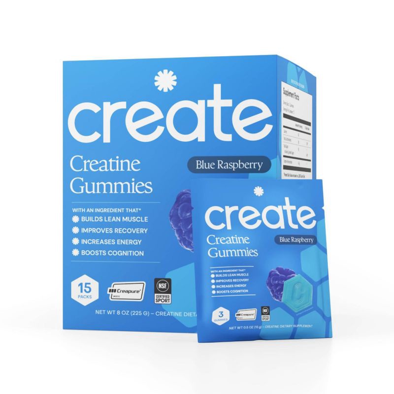 slide 1 of 9, Create Wellness Gummies Made with Pure Creatine Monohydrate NSF Certified for Sport - Blue Raspberry - 45ct/15 Servings, 45 ct, 15 servings