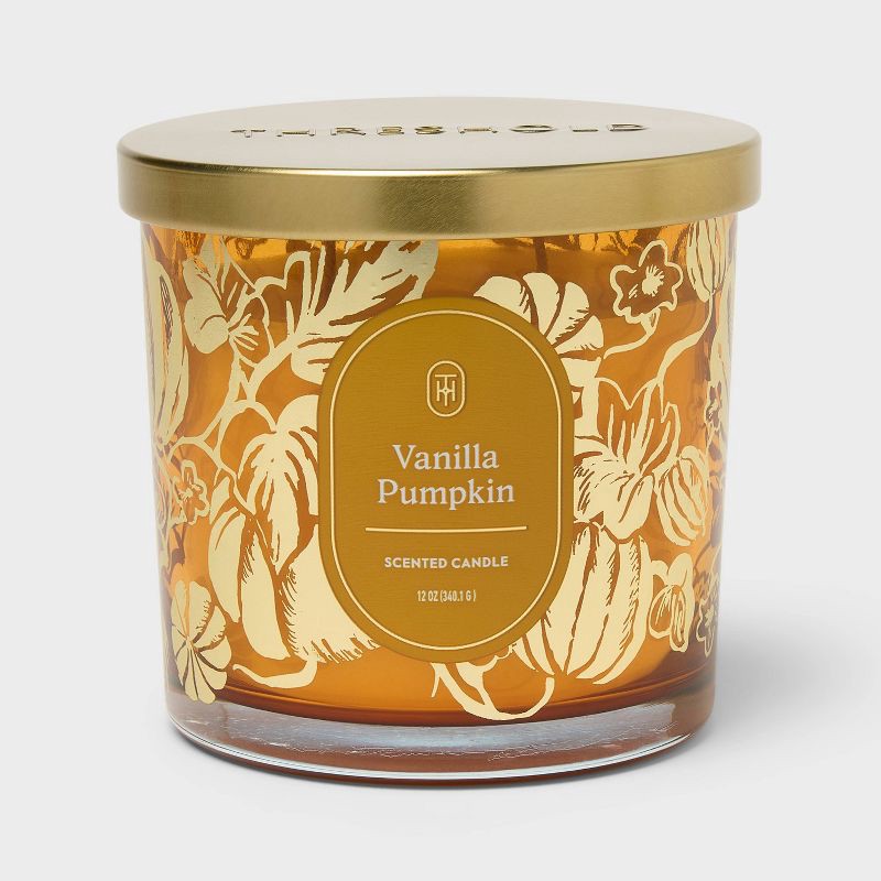 slide 1 of 3, Vanilla Pumpkin Fall Jar Candle with Lid Orange and Gold 12oz - Threshold™, 12 oz