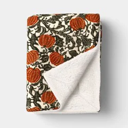 Pumpkin Printed Plush T Throw Blanket with Faux Shearling Reverse Khaki/Orange/Green -Threshold™