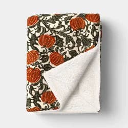 Pumpkin Printed Plush T Throw Blanket with Faux Shearling Reverse Khaki/Orange/Green -Threshold™