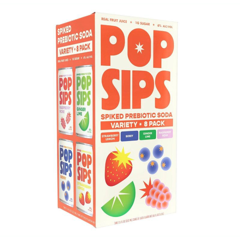 slide 1 of 4, Pop Sips Pop Sip Spiked Prebiotic Soda Variety - 8pk/7.5 fl oz Cans, 8 ct; 7.5 fl oz