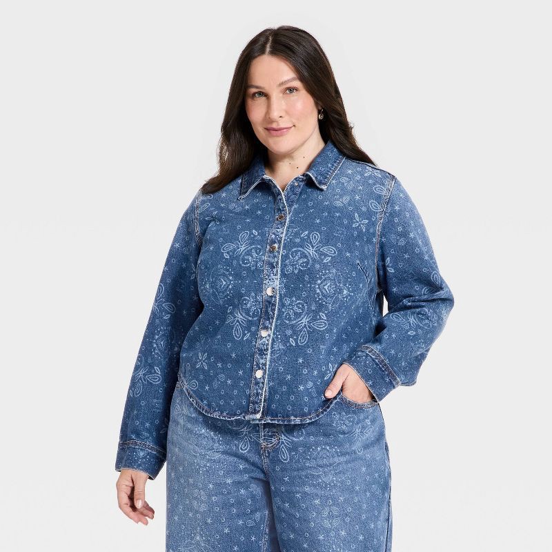 slide 1 of 3, Womens's Long Sleeve Collared Easy Denim Shirt Bandana - Universal Thread™ Medium Wash XXL, 1 ct