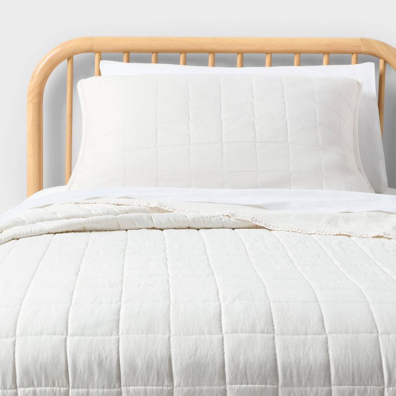 slide 1 of 6, Twin Box Stitch Microfiber Kids' Quilt Set Cream - Pillowfort™, 1 ct