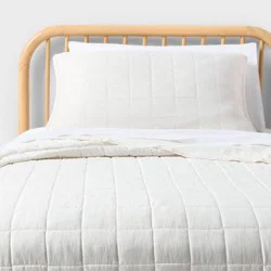 Full/Queen Box Stitch Microfiber Kids' Quilt Set Cream - Pillowfort™