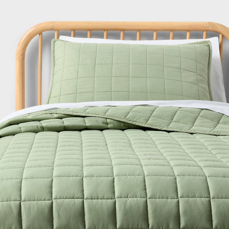 slide 1 of 6, Twin Box Stitch Microfiber Kids' Quilt Set Light Green - Pillowfort™, 1 ct