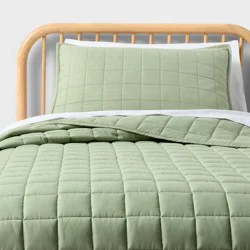 Twin Box Stitch Microfiber Kids' Quilt Set Light Green - Pillowfort™
