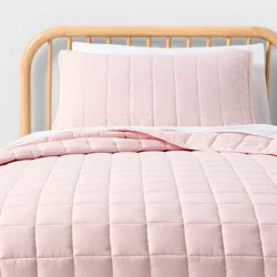 Full/Queen Box Stitch Microfiber Kids' Quilt Set Light Pink - Pillowfort™