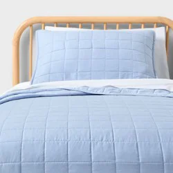 Twin Box Stitch Microfiber Kids' Quilt Set Light Blue - Pillowfort™