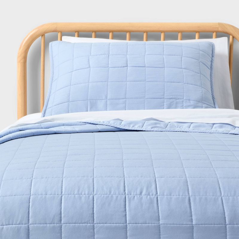 slide 1 of 6, Full/Queen Box Stitch Microfiber Kids' Quilt Set Light Blue - Pillowfort™, 1 ct