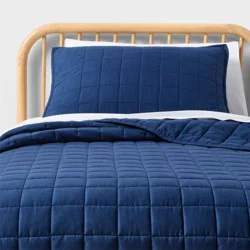 Full/Queen Box Stitch Microfiber Kids' Quilt Set Navy Blue - Pillowfort™