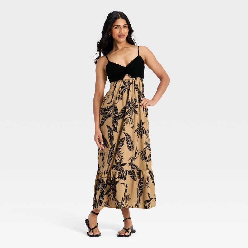 slide 1 of 3, Women's Beaded Strap Printed Maxi Dress - A New Day™ Black S, 1 ct