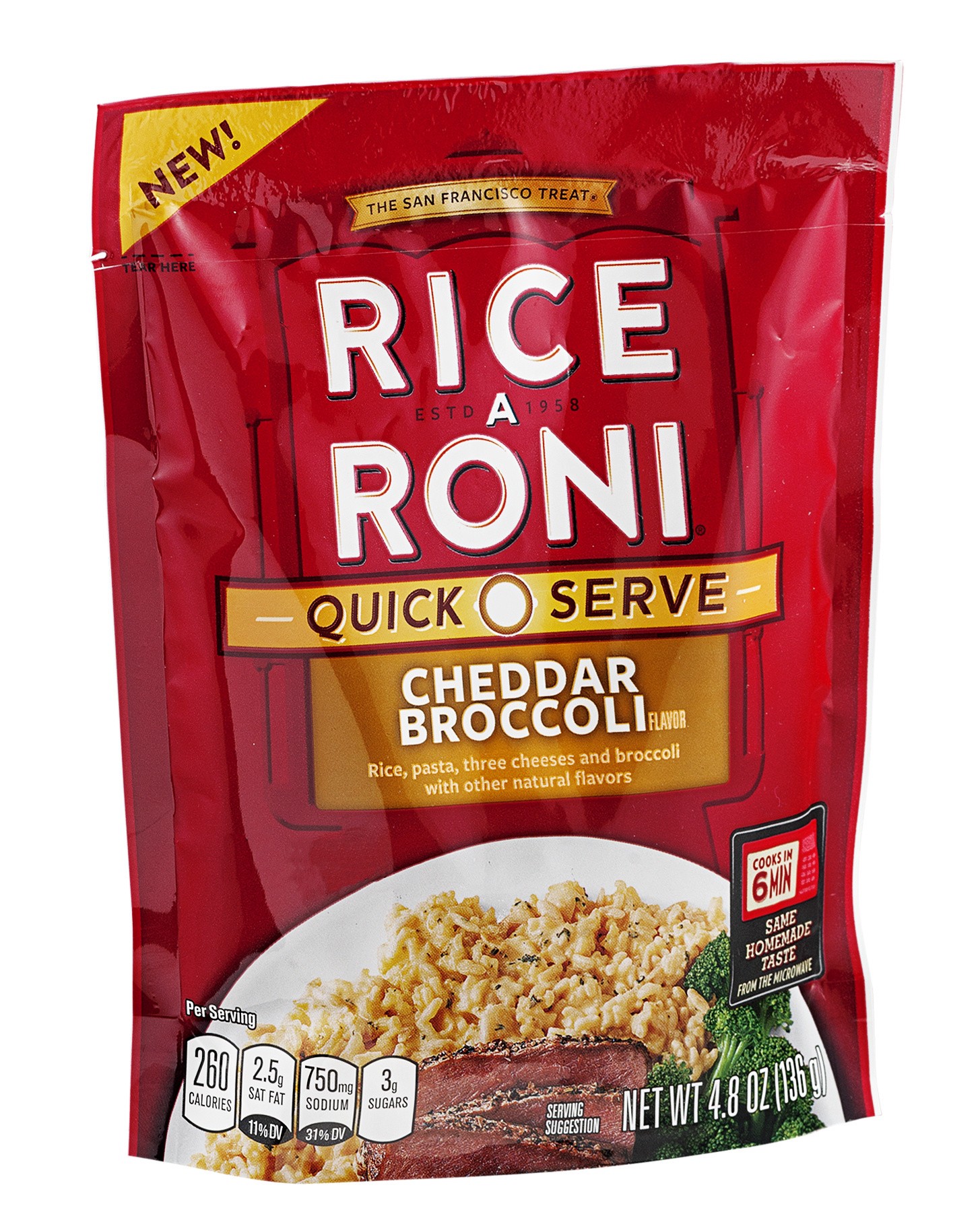 slide 1 of 3, Rice-A-Roni Quick Serve Cheddar Broccoli Flavor 4.8 Ounce Plastic Bag, 4.8 oz