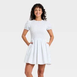 Women's Puff Short Sleeve Smocked Mini Sundress - Universal Thread™ Blue Plaid S