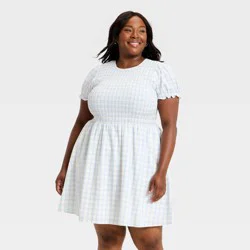 Women's Puff Short Sleeve Smocked Mini Sundress - Universal Thread™ Blue Plaid XXL