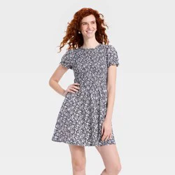 Women's Puff Short Sleeve Smocked Mini Sundress - Universal Thread™ Navy Blue Floral XS