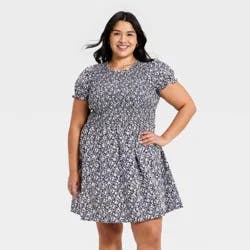 Women's Puff Short Sleeve Smocked Mini Sundress - Universal Thread™ Navy Blue Floral XXL