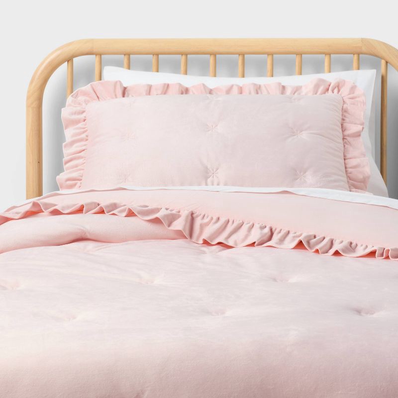 slide 1 of 5, Twin Velvet Ruffle Kids' Comforter Set Light Pink- Pillowfort™, 1 ct